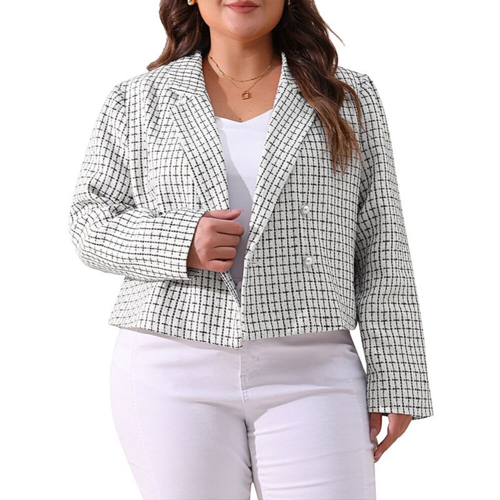 Plus Size Plaid Tweed Blazers Lapel Office Crop Jacket White